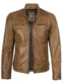 Dodge Men's Camel Brown Leather Cafe Racer Jacket