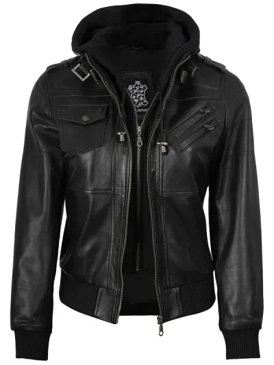 Edinburgh Women's Bomber Black Leather Jacket with Removable Hood