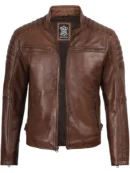 Mens Cognac Brown Cafe Racer Leather Jacket