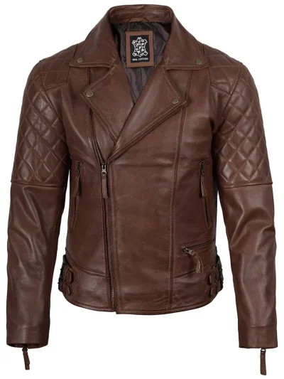 Frisco Mens Dark Brown Quilted Asymmetrical Leather Biker Style Jacket