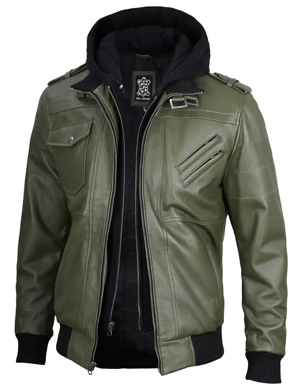 Men's Military Green Leather Jacket with Removable Hood - Image 4
