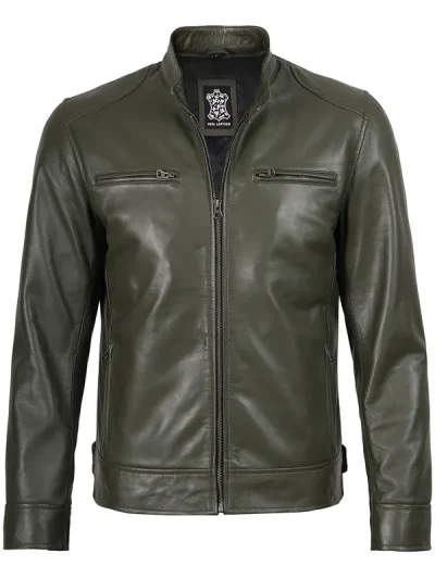 Dodge Mens Green Cafe Racer Real Leather Jacket