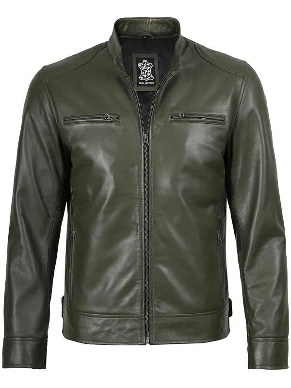 Dodge Mens Green Cafe Racer Real Leather Jacket