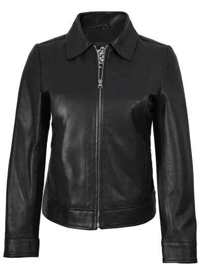 Women's Harrington Style Black Real Leather Jacket