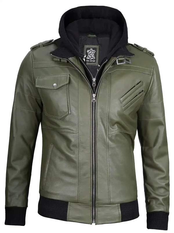 Men's Military Green Leather Jacket with Removable Hood - Image 5