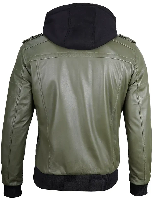 Men's Military Green Leather Jacket with Removable Hood - Image 8