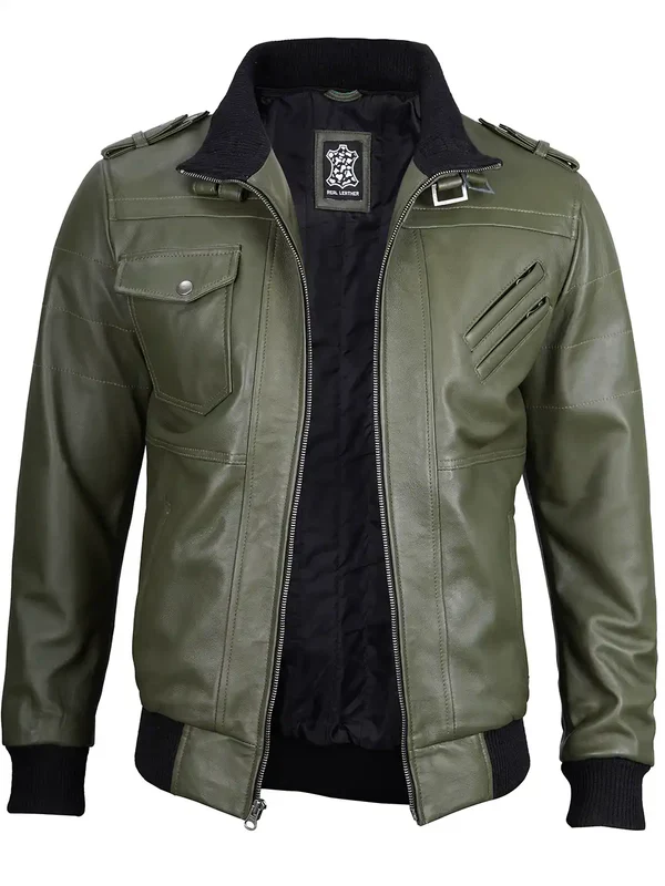Men's Military Green Leather Jacket with Removable Hood - Image 7