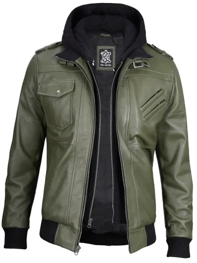 Men's Military Green Leather Jacket with Removable Hood