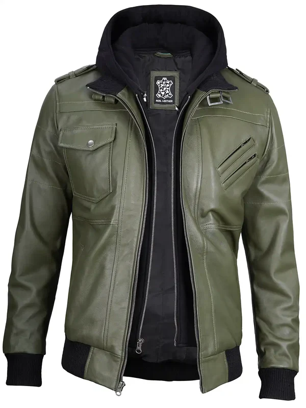 Men's Military Green Leather Jacket with Removable Hood