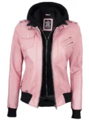 Women's Pink Leather Jacket with Removable Hood