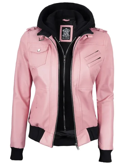 Women's Pink Leather Jacket with Removable Hood