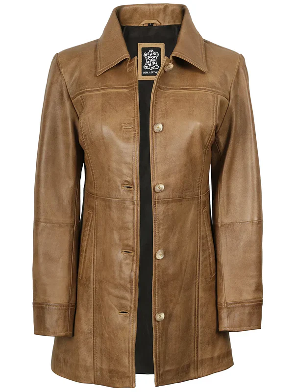 Kandis Womens Camel Brown Real Leather Car Coat - Image 2