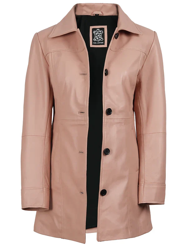 Kandis Women Pink Real Leather Car Coat - Image 4