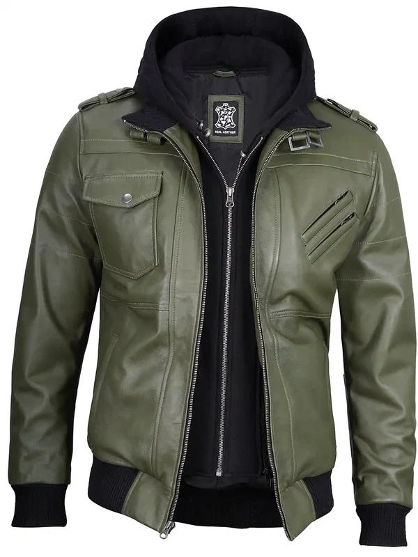 Men's Military Green Leather Jacket with Removable Hood - Image 3