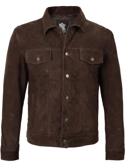 Logan Men's Dark Brown Suede Trucker Jacket
