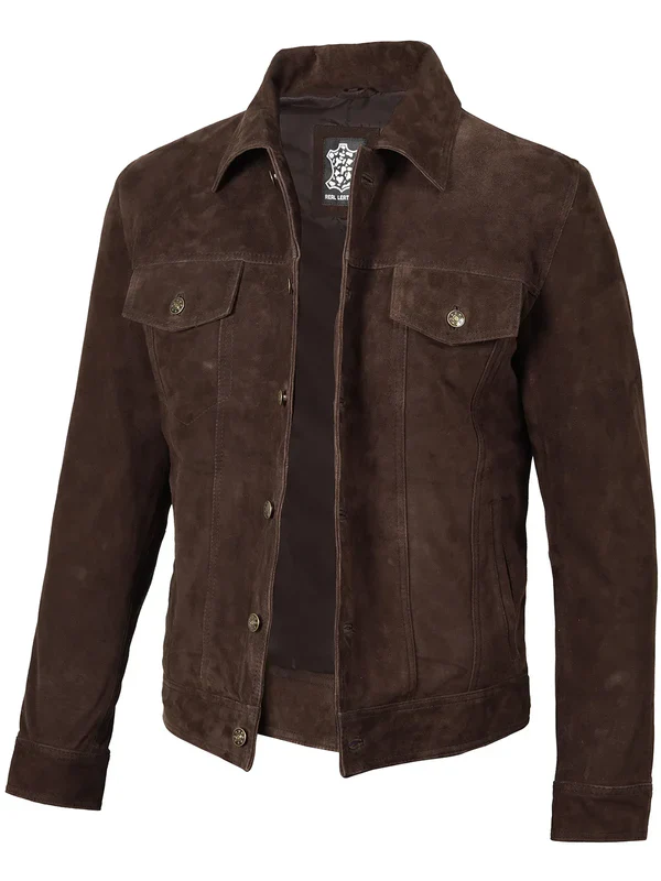 Logan Men's Dark Brown Suede Trucker Jacket - Image 2