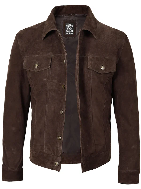 Logan Men's Dark Brown Suede Trucker Jacket - Image 3