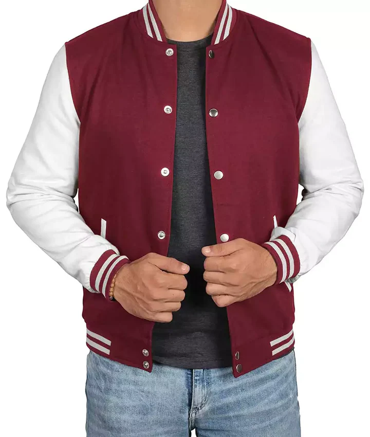 Mens Maroon Varsity Jacket with White Sleeves - Letterman Baseball Style - Image 3