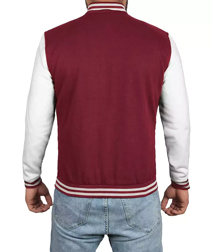 Mens Maroon Varsity Jacket with White Sleeves - Letterman Baseball Style - Image 4