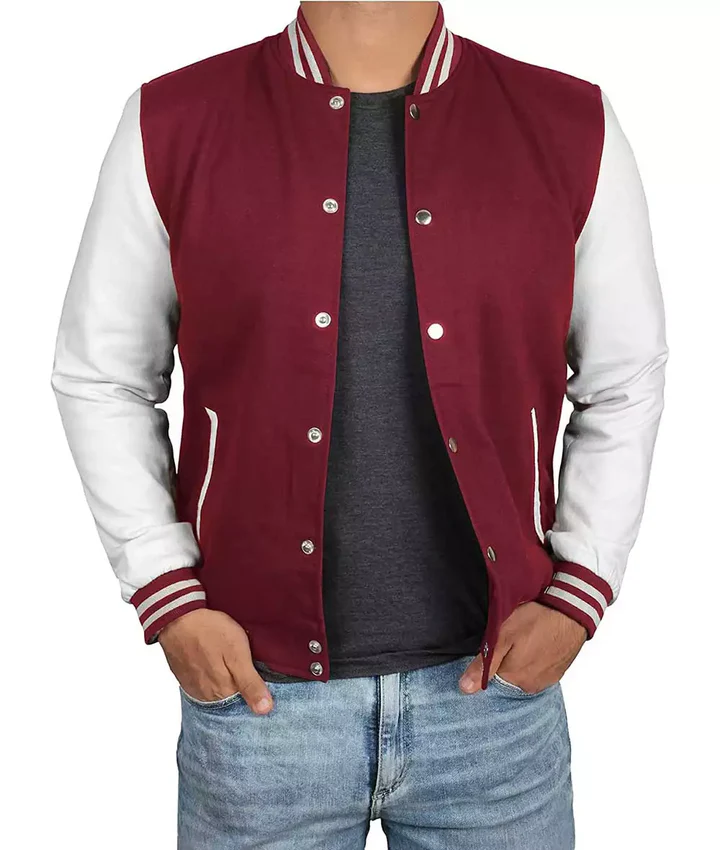 Mens Maroon Varsity Jacket with White Sleeves - Letterman Baseball Style - Image 2
