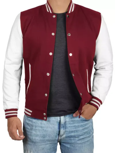 Mens Maroon Varsity Jacket with White Sleeves - Letterman Baseball Style