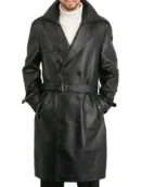 Mens Belted Double Breasted Black Leather Trench Coat