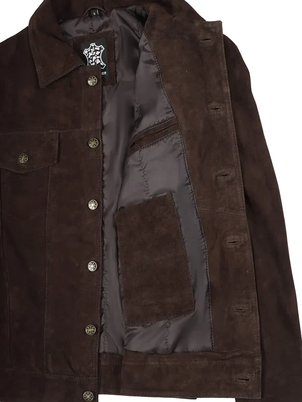 Logan Men's Dark Brown Suede Trucker Jacket - Image 4