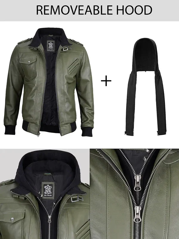 Men's Military Green Leather Jacket with Removable Hood - Image 6