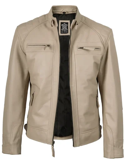 Men's Beige Cafe Racer Leather Jacket