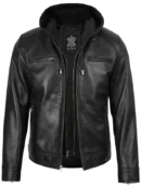 Men's Black Biker Style Leather Jacket with Removable Hood