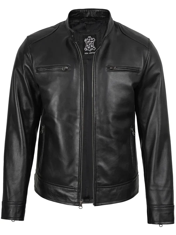 Men's Black Biker Style Leather Jacket with Removable Hood - Image 5