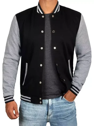 Men’s Black Varsity Baseball Jacket – Grey Sleeves Bomber Style
