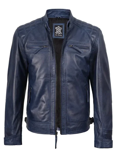 Men's Blue Wax Cafe Racer Leather Jacket