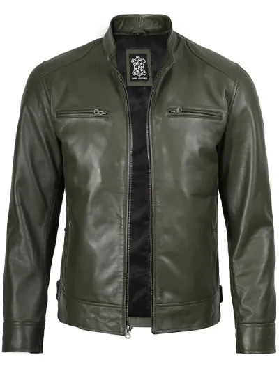 Dodge Mens Green Cafe Racer Real Leather Jacket