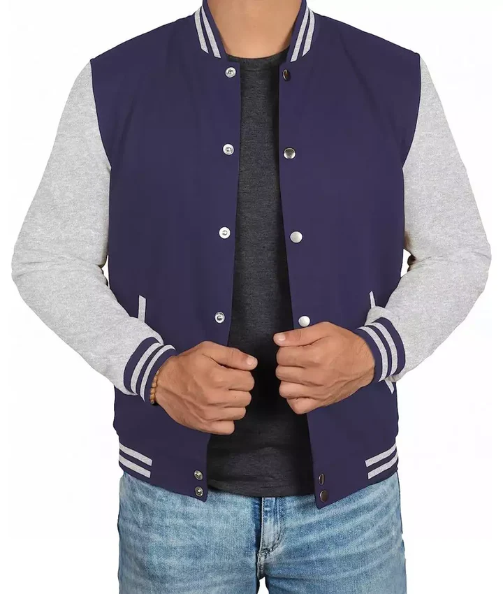 Navy Blue Varsity Jacket – Grey Sleeve Baseball Style Bomber - Image 2
