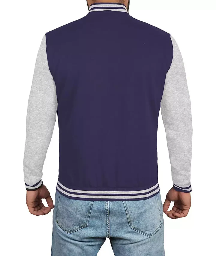 Navy Blue Varsity Jacket – Grey Sleeve Baseball Style Bomber - Image 3