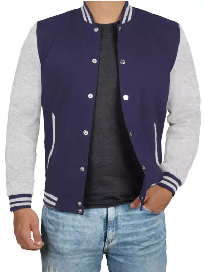 Navy Blue Varsity Jacket – Grey Sleeve Baseball Style Bomber