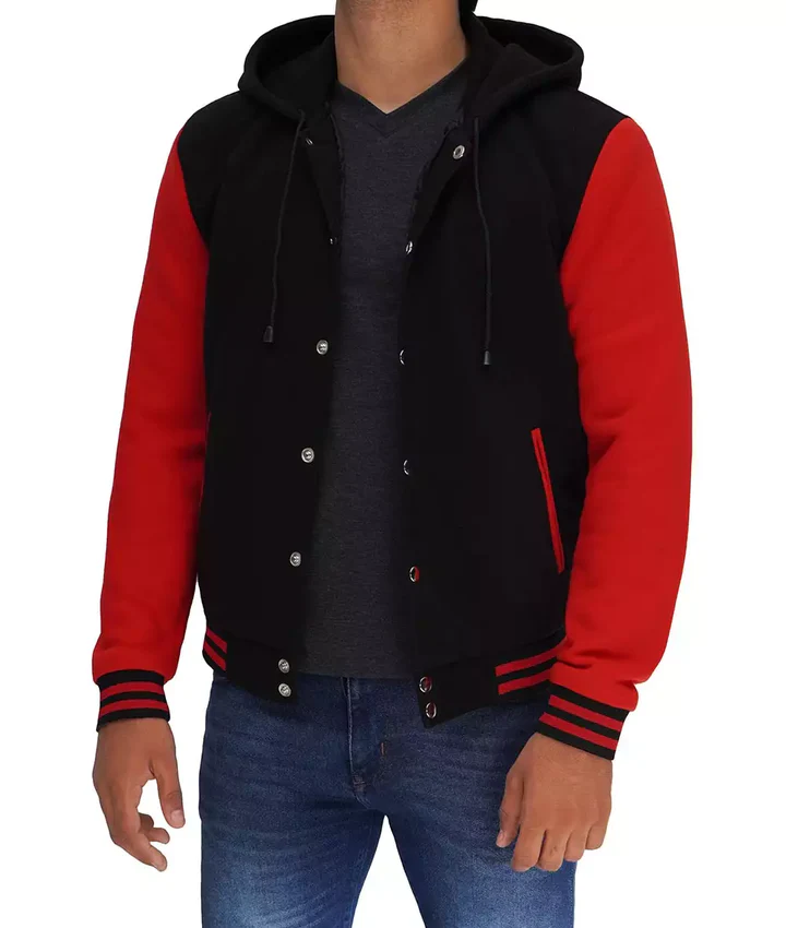 Salerno Men’s Black and Red Hooded Varsity Jacket - Image 2