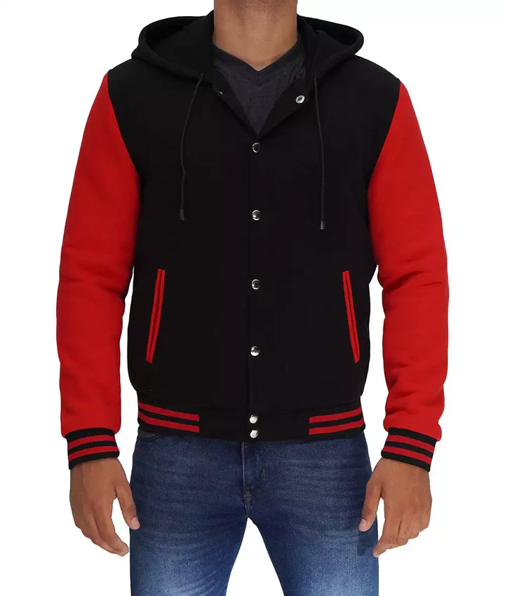 Salerno Men’s Black and Red Hooded Varsity Jacket - Image 3