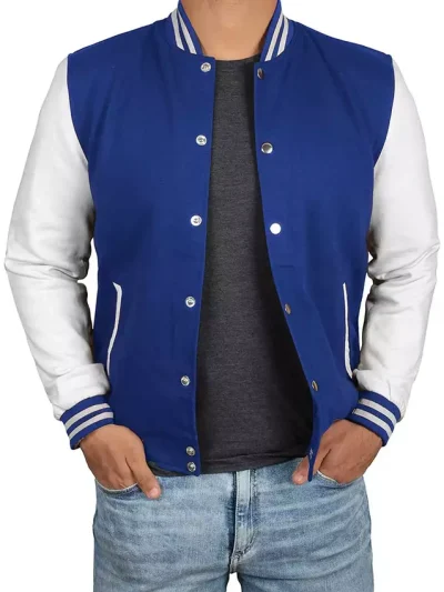Men's Royal Blue Varsity Jacket with White Sleeves