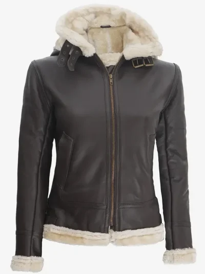 Womens Dark Brown Hooded Shearling Leather Jacket