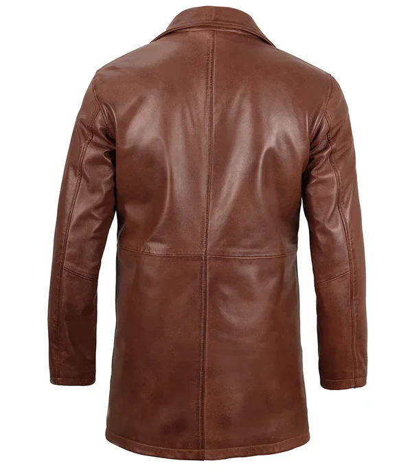 Mens Tan Brown 3/4 Length Leather Car Coat - Image 6