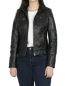Tavares Womens Black Cafe Racer Style Leather Jacket