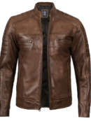 Men's Distressed Coffee Brown Leather Cafe Racer Jacket