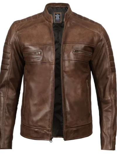 Men's Distressed Coffee Brown Leather Cafe Racer Jacket