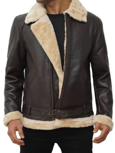 Men's Real Leather Dark Brown Bomber Fur Aviator Jacket