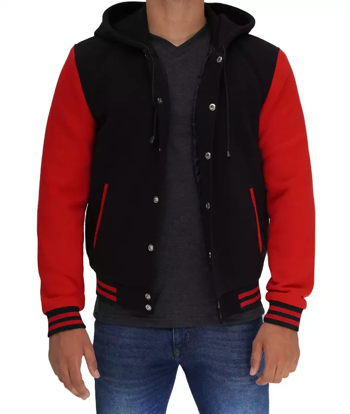 Salerno Men’s Black and Red Hooded Varsity Jacket - Image 4