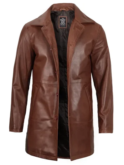 Mens Tan Brown 3/4 Length Leather Car Coat
