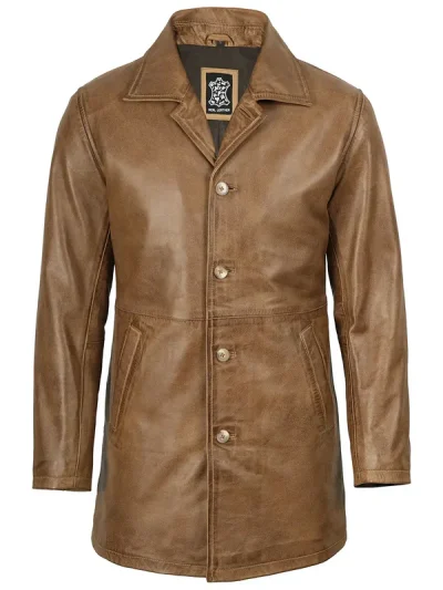 Winchester Men's Camel Brown 3/4 Length Leather Car Coat