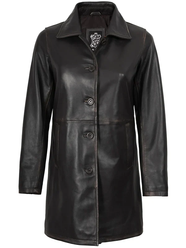 Winchester Women's Distressed Dark Brown Leather Coat - Image 2